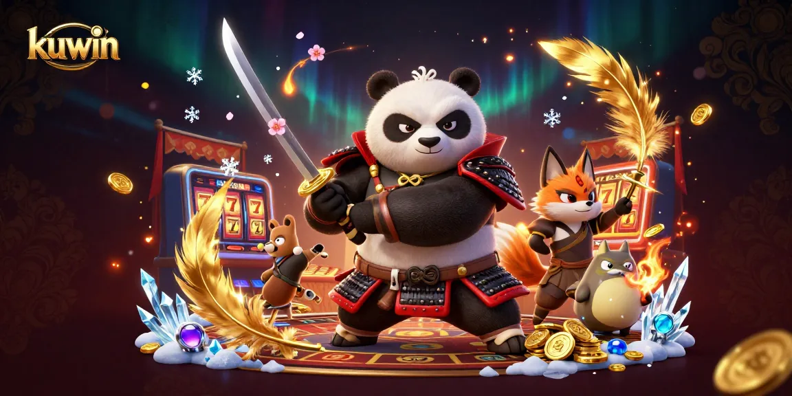 Kuwin enhances excitement with a dynamic samurai panda and fox in a vibrant casino scene.