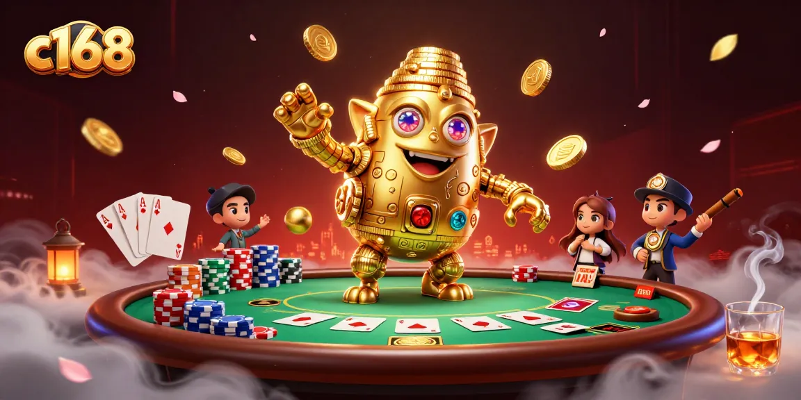 Experience the thrilling c168 casino action with a dynamic golden golem among poker elements.