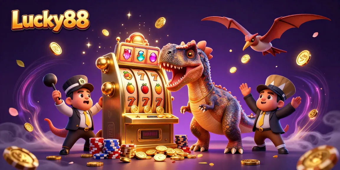 Lucky88 slot machine pays out jackpot coins in a vibrant casino scene with dynamic cartoon dinosaurs.