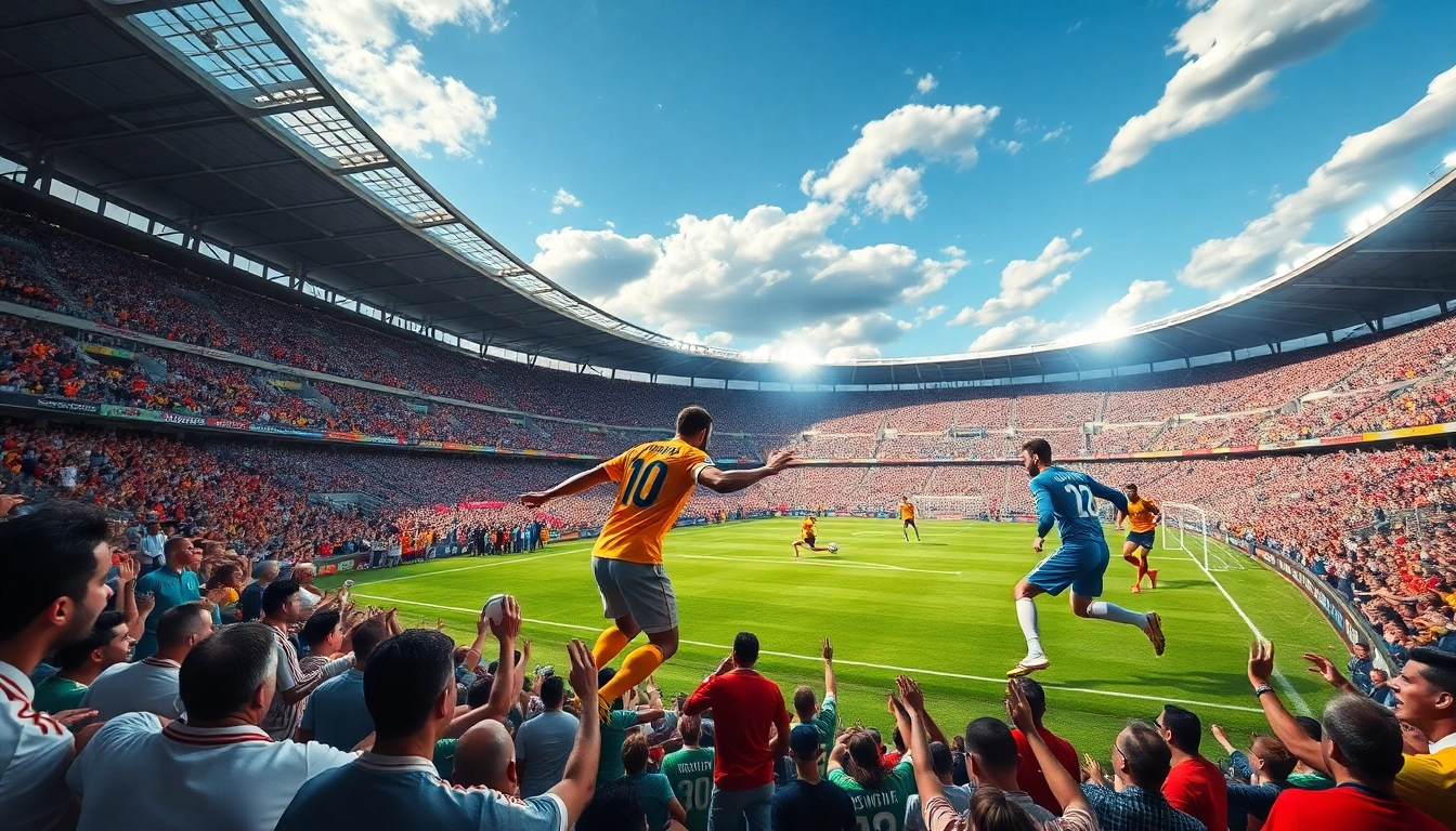 Exciting football action scene representing kèo nhà cái hôm nay with players in motion and cheering fans.