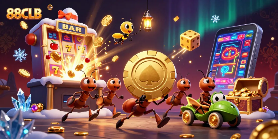 Vibrant scene depicting ants in a heist, celebrating big wins at 88CLB Casino.