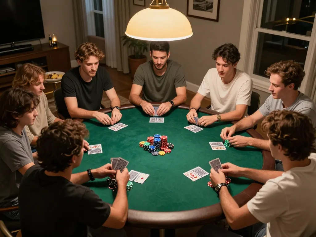 Engaging home poker night showing friends playing Texas Hold'em, highlighting 79king strategy and social fun.