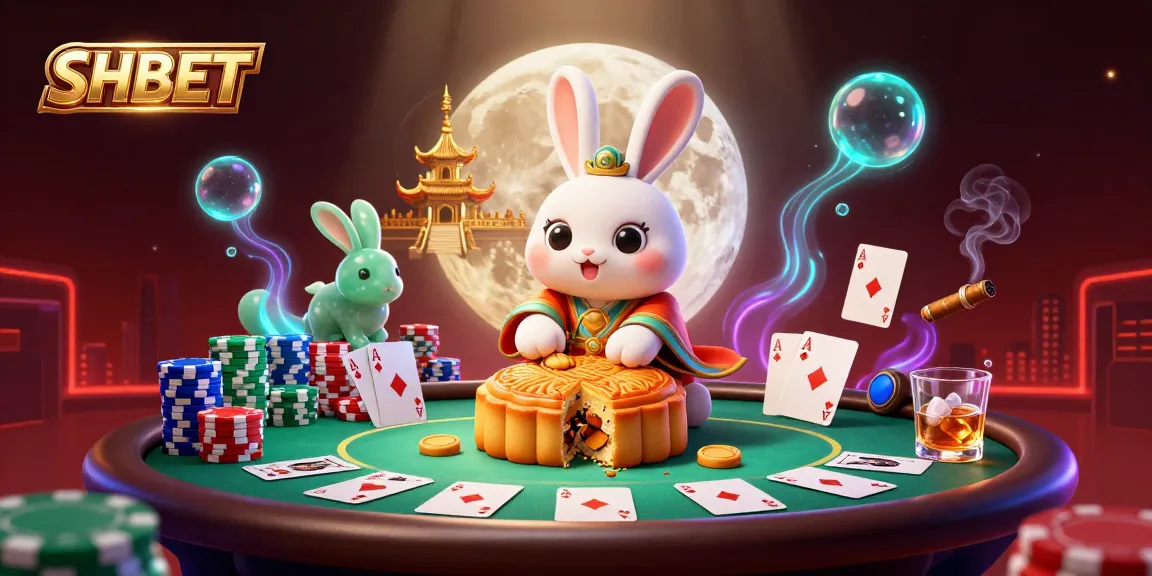 Engage in SHBET's premiere poker action with animated moon rabbits showcasing golden mooncakes bursting with chips.