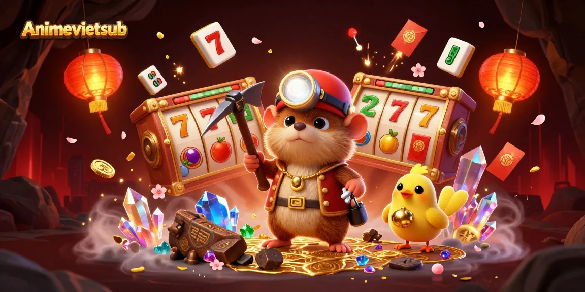Spin and win with Animevietsub's colorful gambling scene featuring a treasure hunter and vibrant slot machine elements.