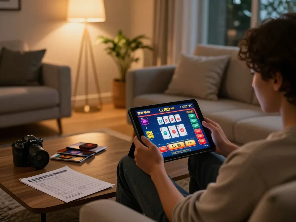 Engaged player using tablet for LC88 best online gambling experience at home.
