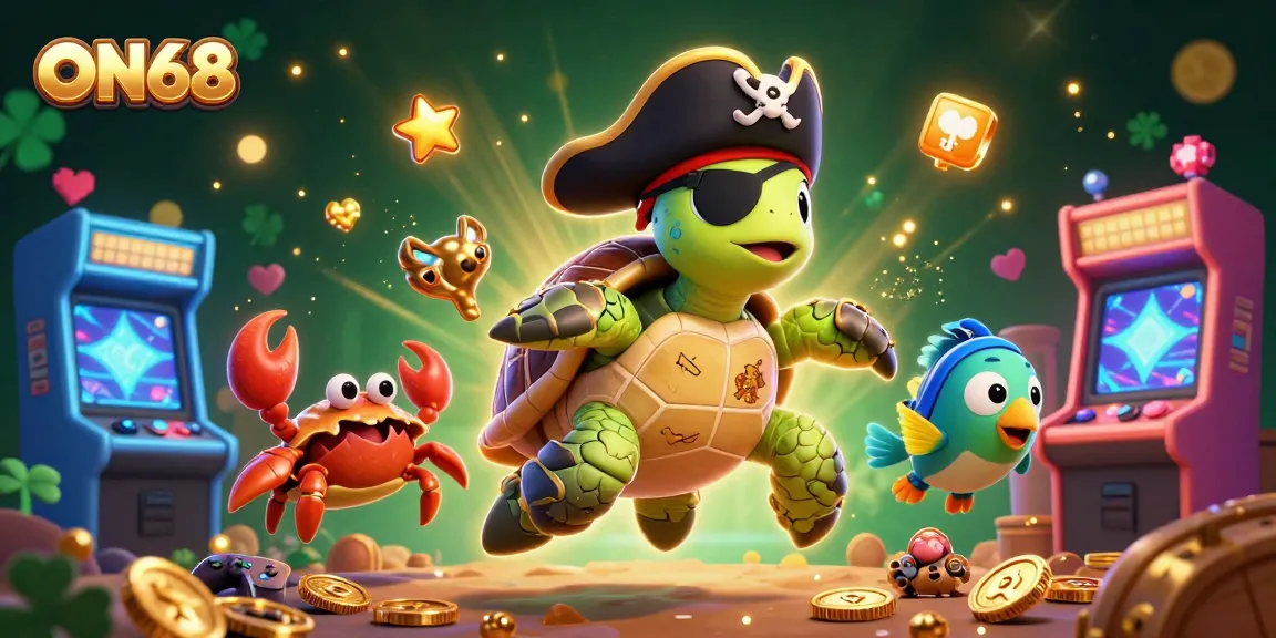 ON68 showcases a playful casino scene with a turtle, crab, and parrotfish among treasures and arcade games.