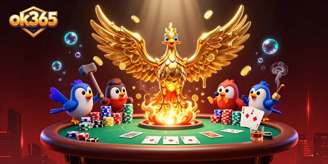 Engage with ok365's exciting casino scene featuring a molten gold phoenix and poker elements.