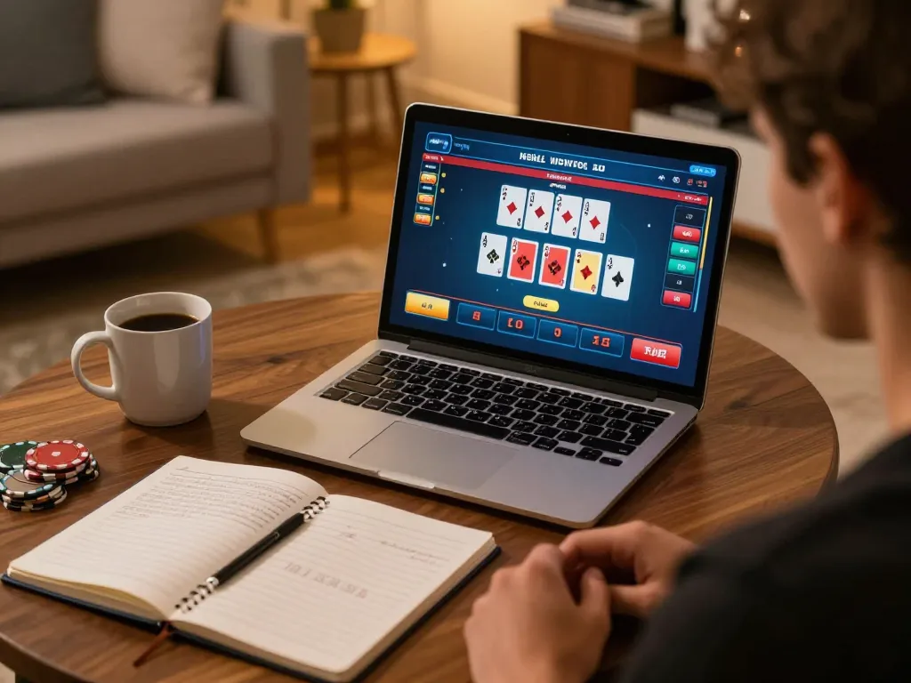 CK444 player enjoying live dealer blackjack at home, showcasing strategy notes, engaging gameplay