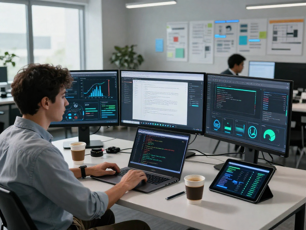 Focused analyst at modern desk using software for document fraud detection, showcasing tech workspace elements.