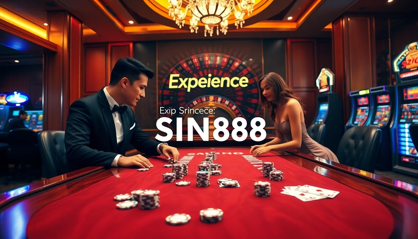 Experience the thrilling atmosphere of SIN88 with luxurious casino elements, including poker tables and roulette wheels.