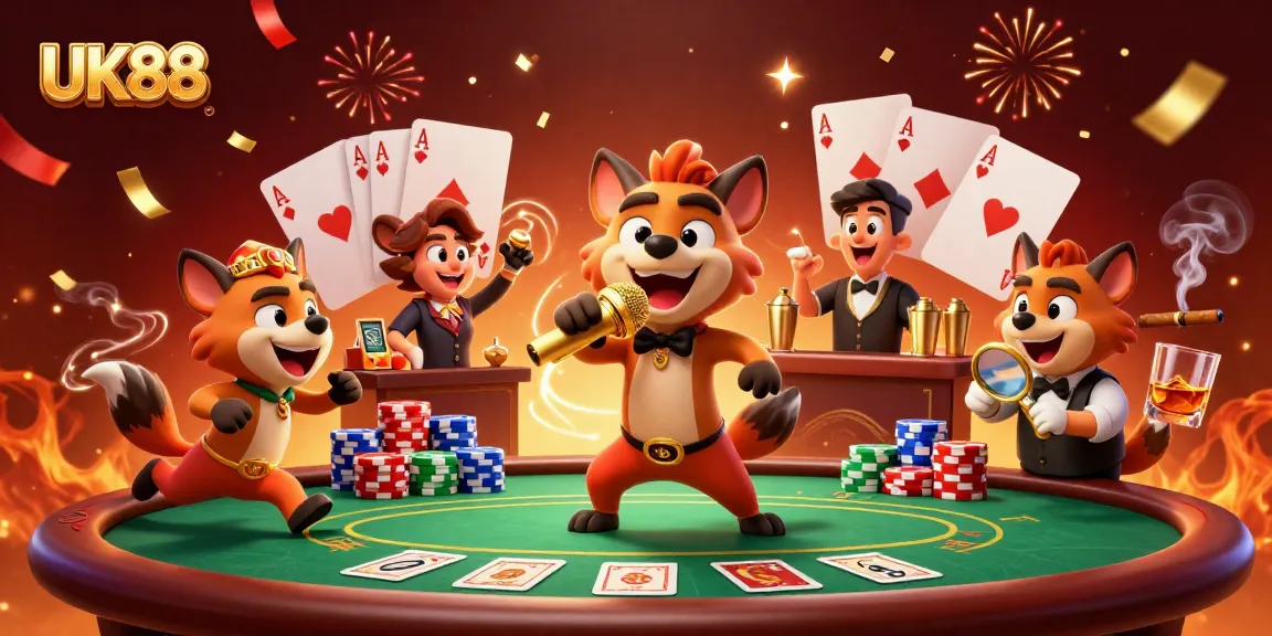UK88 hyenas entertain in a vibrant casino scene with poker chips and confetti.