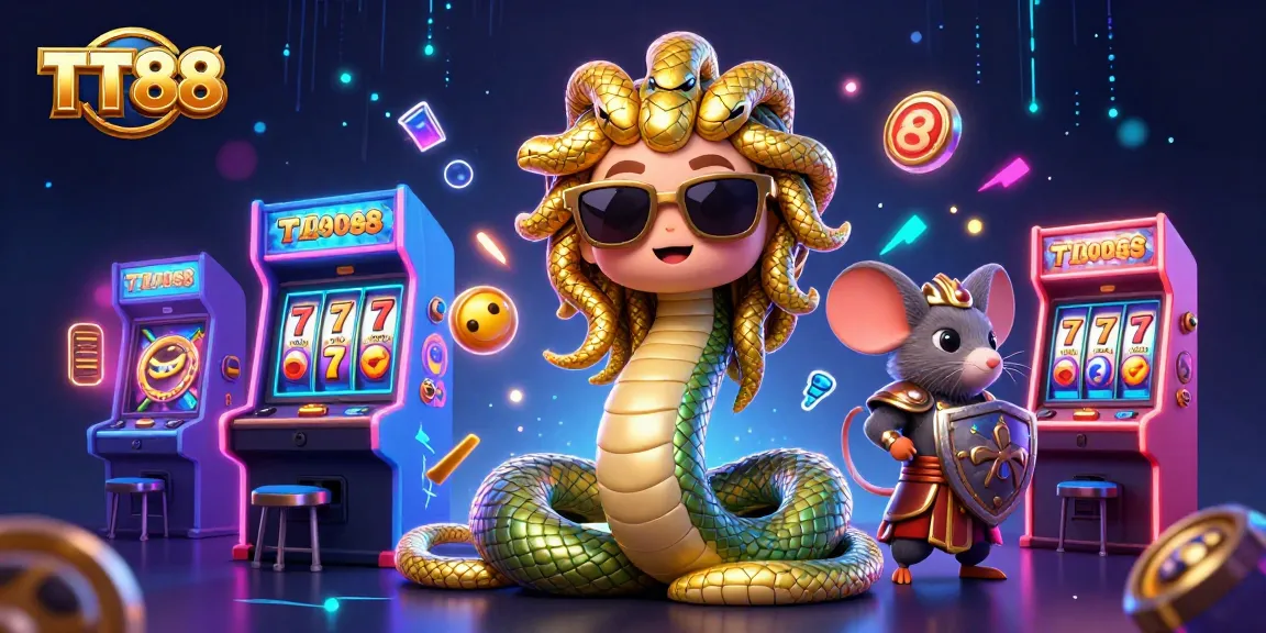 Experience thrilling slots at TT88 with Medusa and a warrior mouse amidst vibrant game elements.