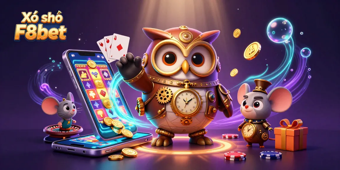 Engage in Xổ số F8bet with exciting characters and casino elements in a vibrant scene.