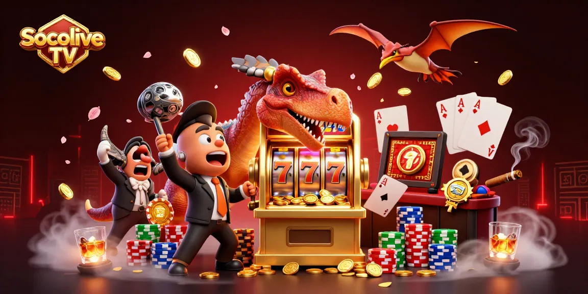 Socolive TV brings excitement with a pachycephalosaurus hitting a slot machine while a pteranodon catches flying coins.