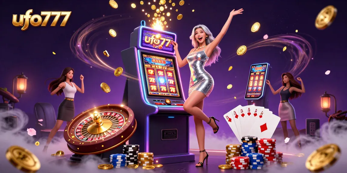 Spin to win on ufo777 with a dazzling slot machine jackpot celebration illustration.