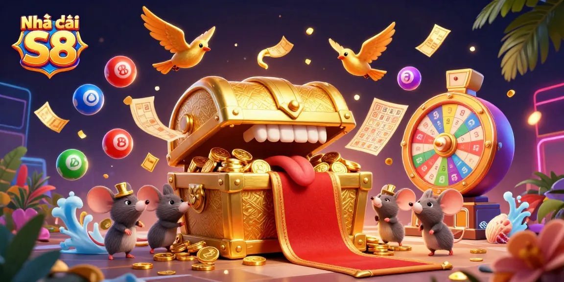 Experience dynamic casino excitement with Nhà cái S8 as treasure and luck collide in this vibrant scene.