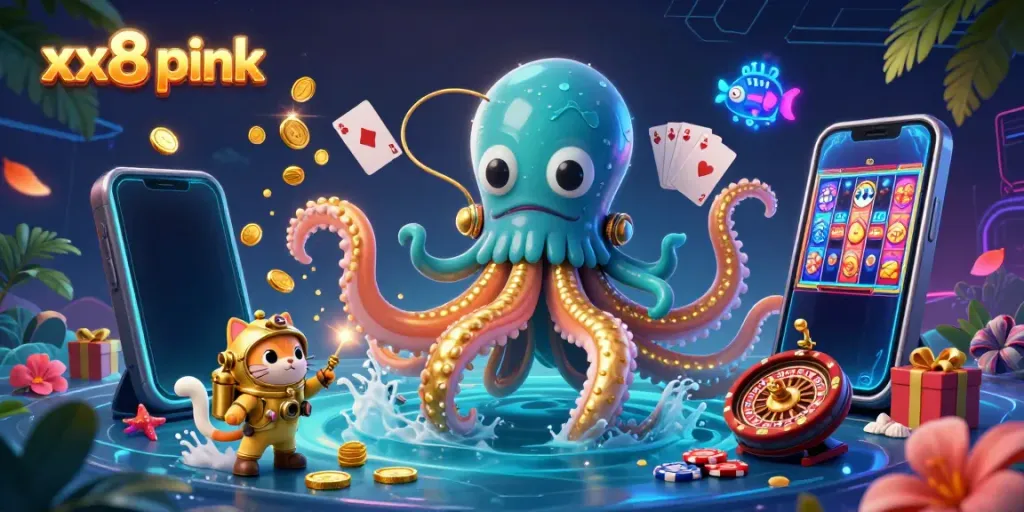 Experience thrilling gameplay with xx8 pink in a vibrant casino scene featuring a kraken and diving cat.