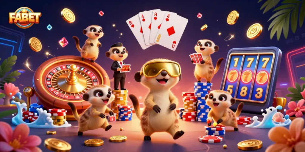 Experience the excitement of FABET with engaging meerkat casino characters in a vibrant gambling scene.