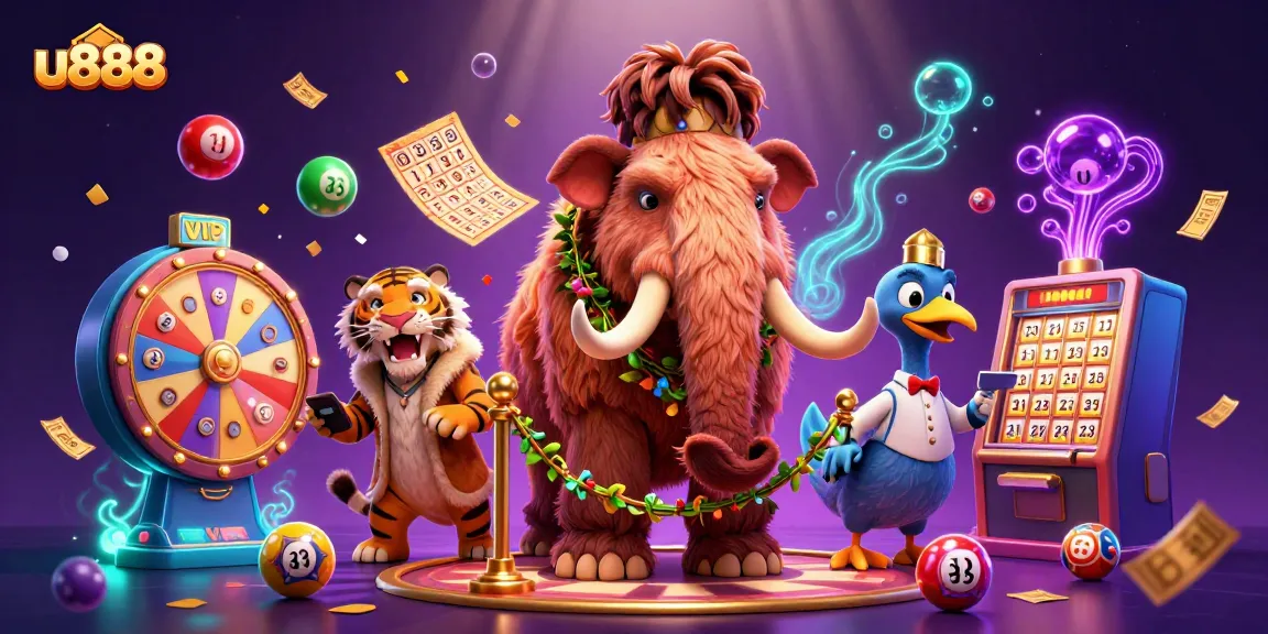 Join the excitement at u888 with VIP characters and dynamic lottery elements in a vibrant 3D scene.