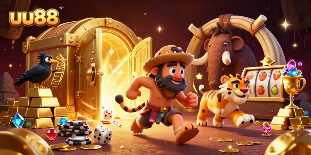 Experience thrilling casino action with uu88 through a vibrant prehistoric landscape filled with treasures.