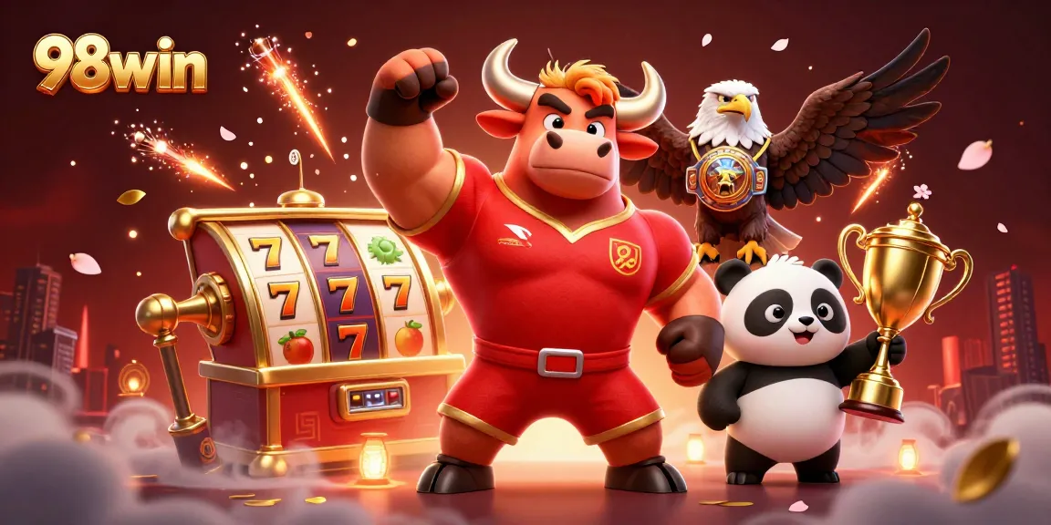 Experience thrilling wins at 98win's vibrant online casino with dynamic slot reels and iconic characters.
