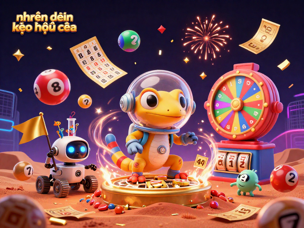 Strategically showcasing nhận định kèo nhà cái with a Martian gecko exploring a golden casino amidst a vibrant scene.