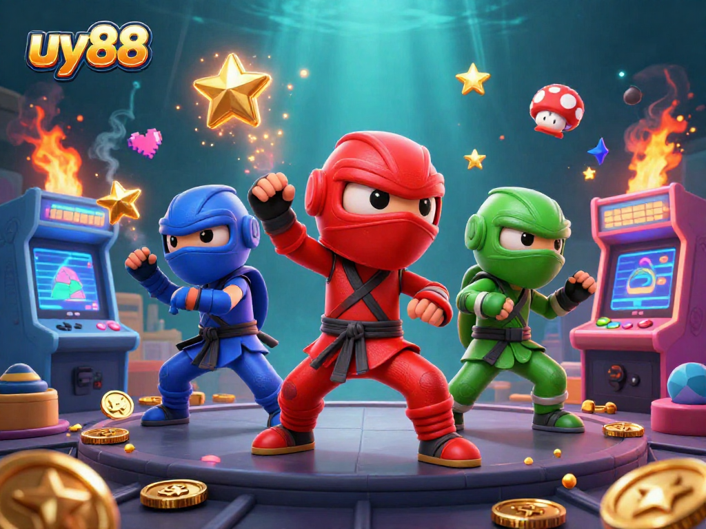 Engage with uy88's vibrant casino experience through a dynamic scene of ninja chameleons and arcade games.