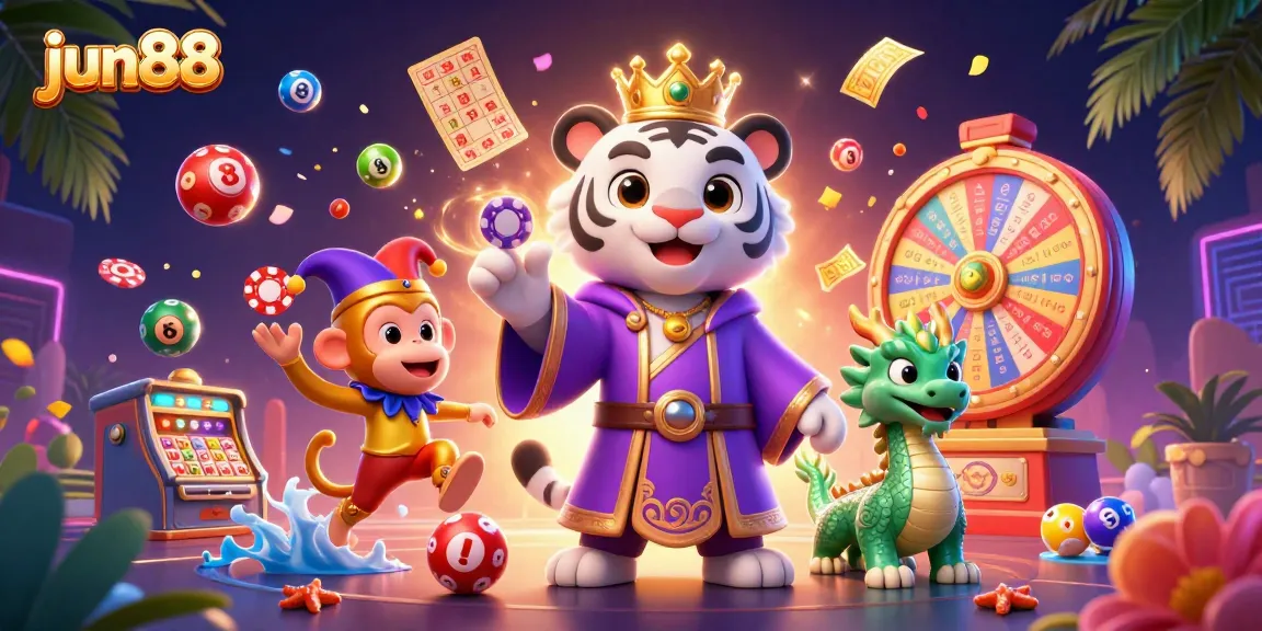 Experience exciting gaming action at jun88 with an elegant tiger and lively monkey in a vibrant casino scene.