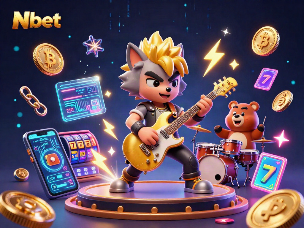 Nbet showcases a crypto-themed casino scene with a rock star wolf and drummer bear in a vibrant illustration.
