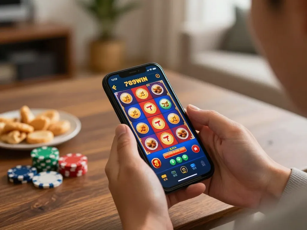 Engaging user playing slot games on 789WIN app in a cozy home setting