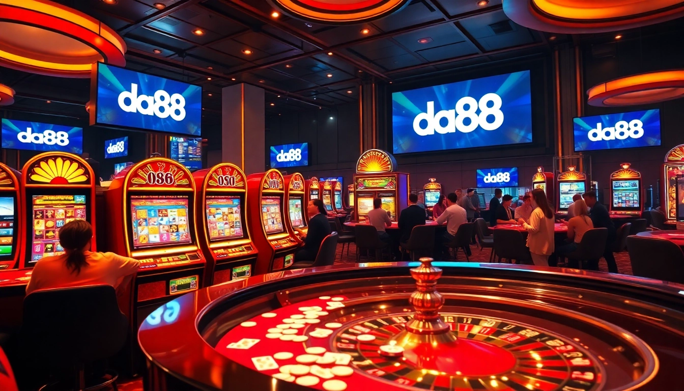 Experience thrilling gameplay at da88 casino with vibrant slot machines and an energetic roulette wheel.
