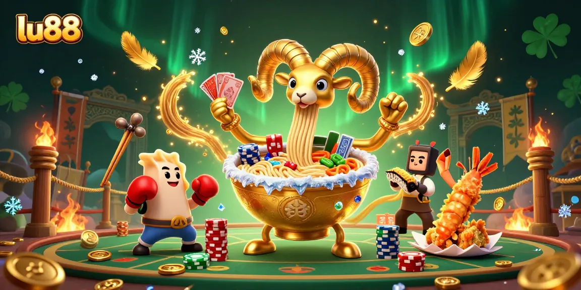 Win big with LU88 in this vibrant 3D scene featuring cards, chips, and dynamic characters.