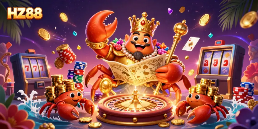 Catch HZ88's thrilling gaming experience with a majestic crab emperor amidst a vibrant casino scene.