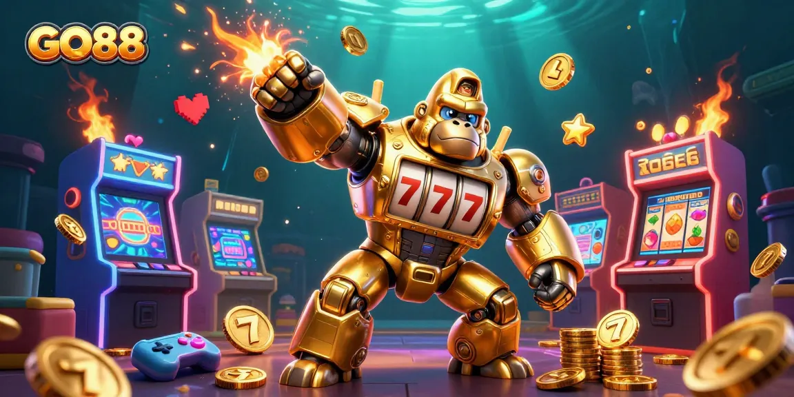 Engage with thrilling GO88 gaming adventures featuring vibrant slot machines and a dynamic mech.