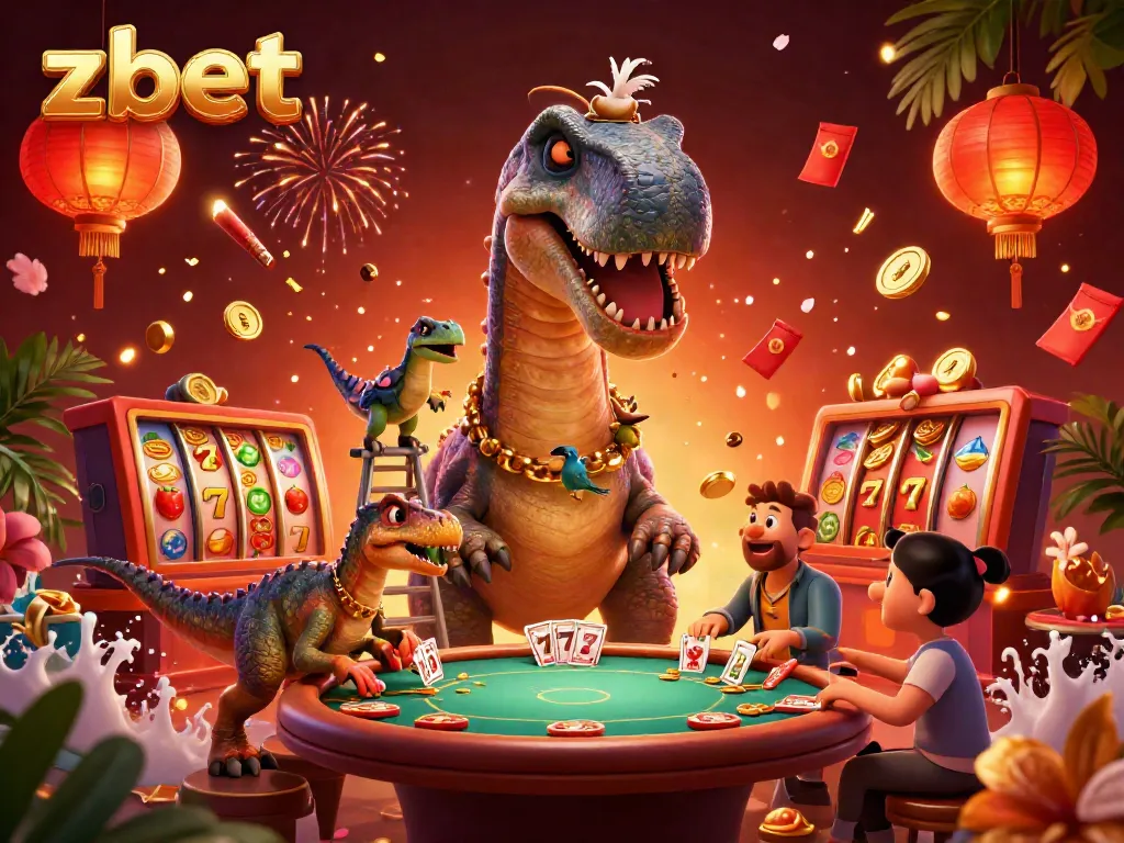 Exciting zbet scene featuring a towering brontosaurus and a raptor dealer amidst vibrant casino elements.