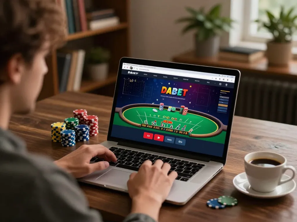 Engaging with DABET's online casino for live dealer blackjack gameplay, showcasing colorful chip stacks