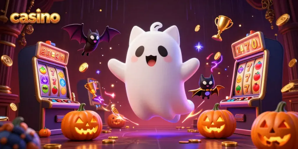 Experience a vibrant casino scene with a ghost cat, vampire bat, and glowing elements