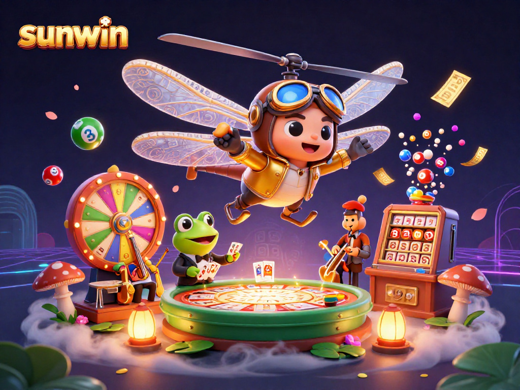 Experience thrilling gaming moments at sunwin casino with lively characters, vibrant lottery elements, and dynamic action.