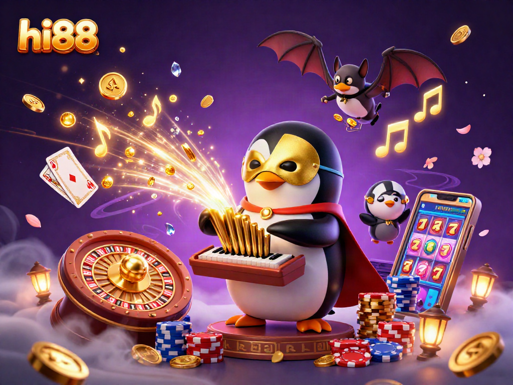Experience the hi88 magic with a themed casino scene featuring playful penguins and vibrant game elements.