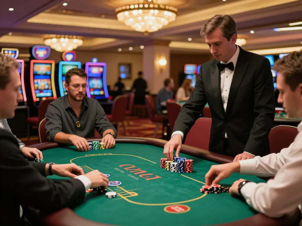 Engaging poker gameplay at dn88 casino featuring players and vibrant chips on green felt