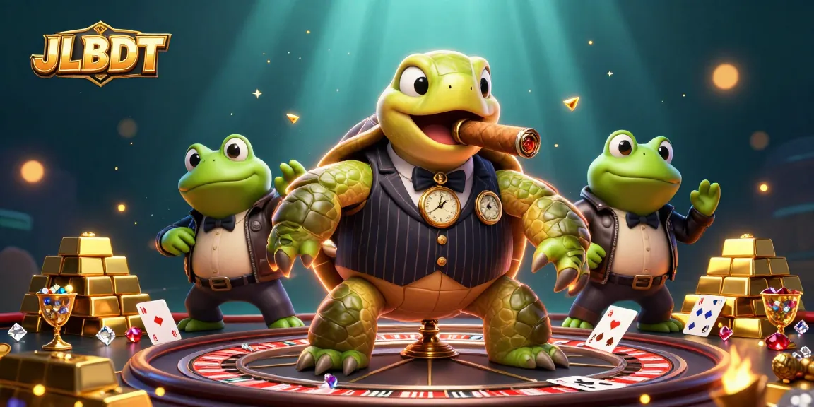 Experience the excitement of JLBDT with a vibrant casino scene featuring a turtle mobster and card games.