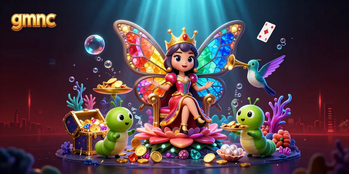 Engage with gmnc's vibrant butterfly queen in a colorful casino adventure filled with treasures and interactive elements.