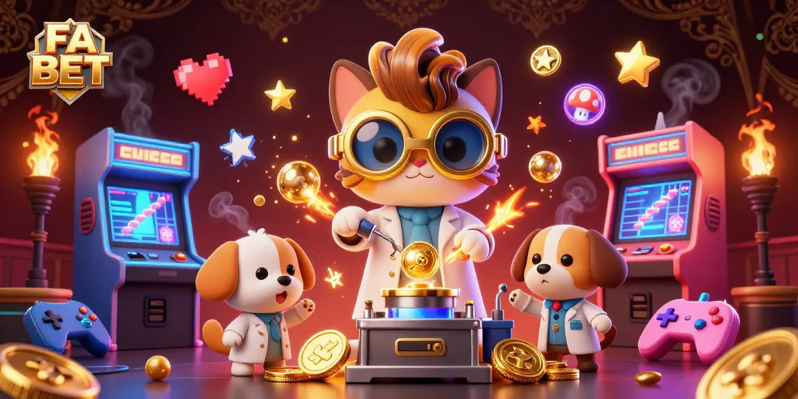 FA BET brings excitement with a cartoon scientist cat and dog creating gold coins, amidst colorful gaming elements.