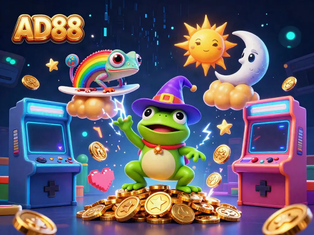 Engage in thrilling wins with AD88 while enchanted creatures create golden coin storms in a vibrant casino.