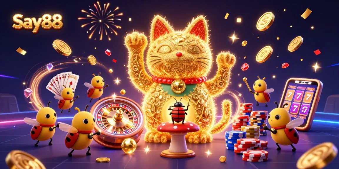 Experience the excitement of casino adventure with Say88, showcasing a vibrant lucky cat among sparkling gems and gold.