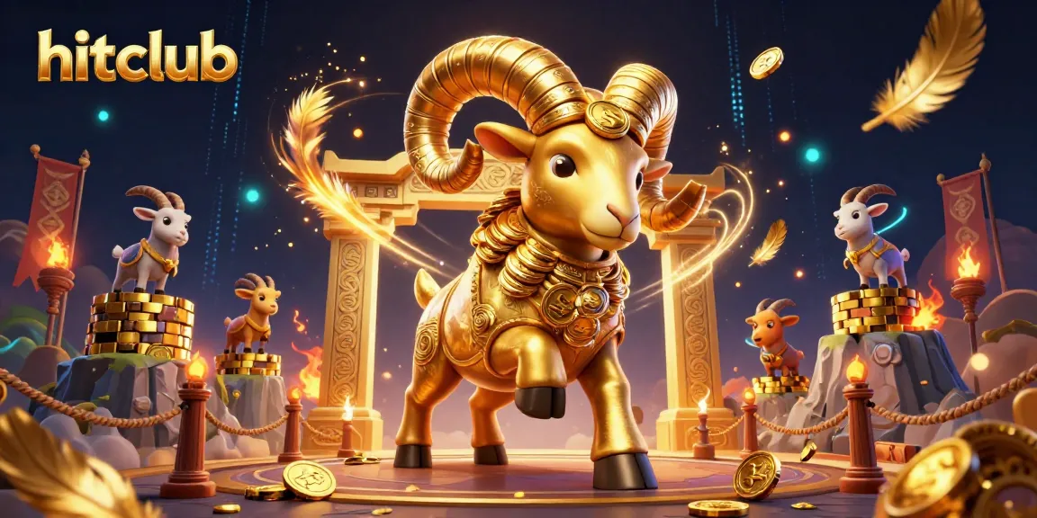 Hitclub showcases a vibrant 3D game scene with a golden ram, coins, and gambling action.