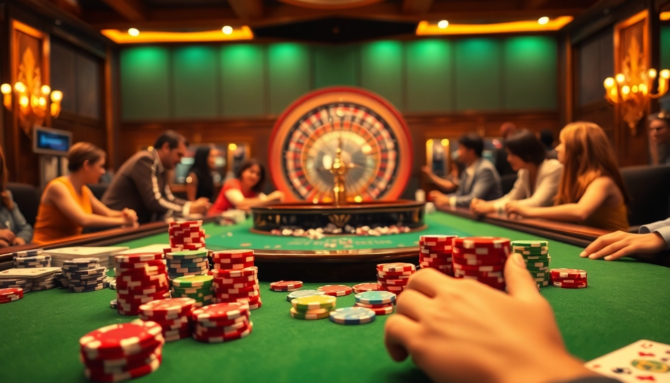 Excited players enjoy a luxury gaming experience at Dominoqiu casino table with vibrant poker games.