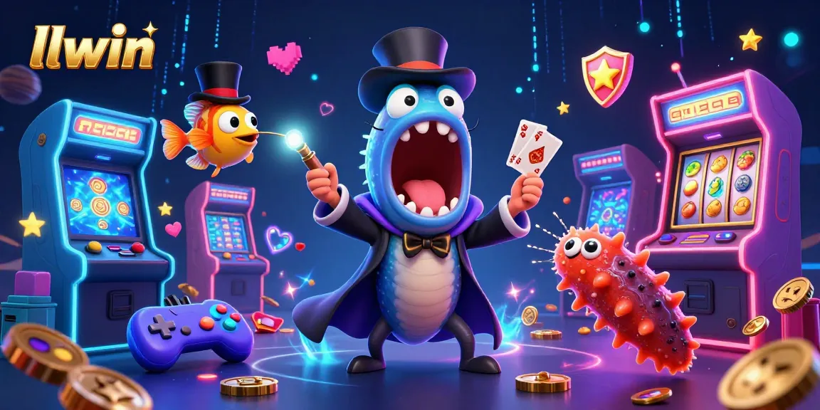 llwin showcases a bioluminescent eel performing tricks, highlighting slot games in a vibrant casino scene.