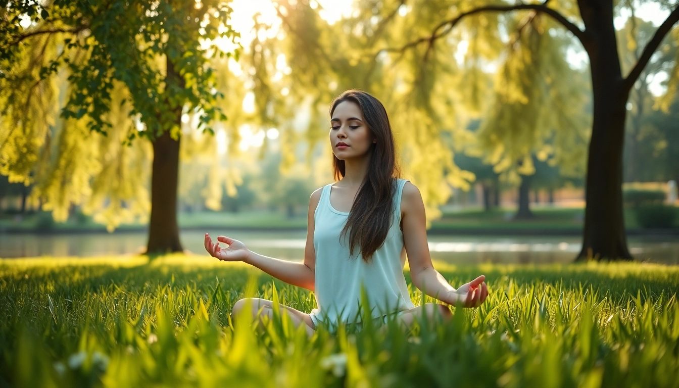 Woman meditating in nature, promoting relief from stress and anxiety.