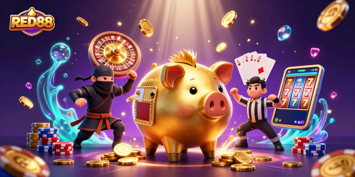 Experience the excitement at RED88 with dynamic characters and sparkling game elements in this vibrant casino scene.